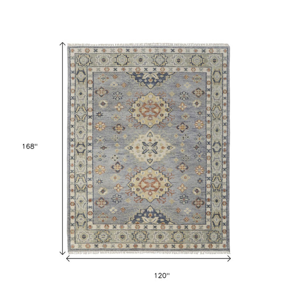 Homeroots 8' Geometric Hand Knotted Runner Rug With Fringe - Unique Artisan Craftsmanship For Stylish Spaces Blue,Taupe,Gray Wool Blend 617289
