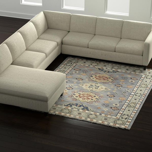 HomeRoots 8' Hand-Knotted Geometric Runner Rug in Blue, Taupe, and Gray with Fringe for Stylish Spaces 10' X 14' 617289