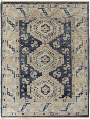 Homeroots 10' Hand Knotted Geometric Area Rug With Fringe - Stain Resistant, Artisan Crafted, Timeless Style Blue,Ivory Wool Blend 617290