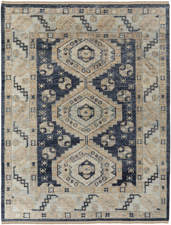 Homeroots 10' Hand Knotted Geometric Area Rug With Fringe - Stain Resistant, Artisan Crafted, Timeless Style Blue,Ivory Wool Blend 617290