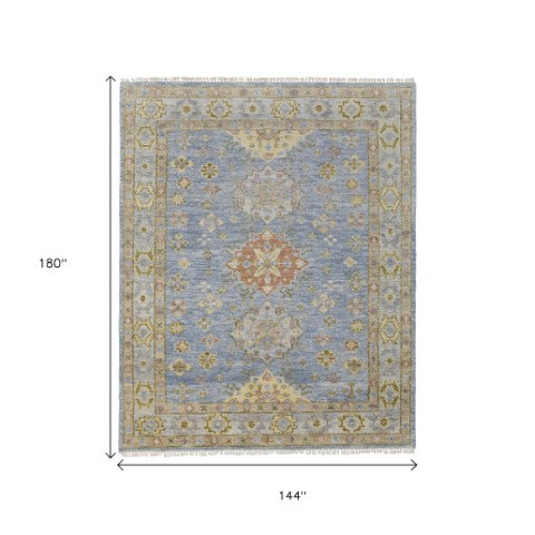 Homeroots 8' Geometric Hand Knotted Runner Rug With Fringe - Unique Artisan Craftsmanship For Stylish Spaces Blue,Green,Yellow Wool Blend 617297