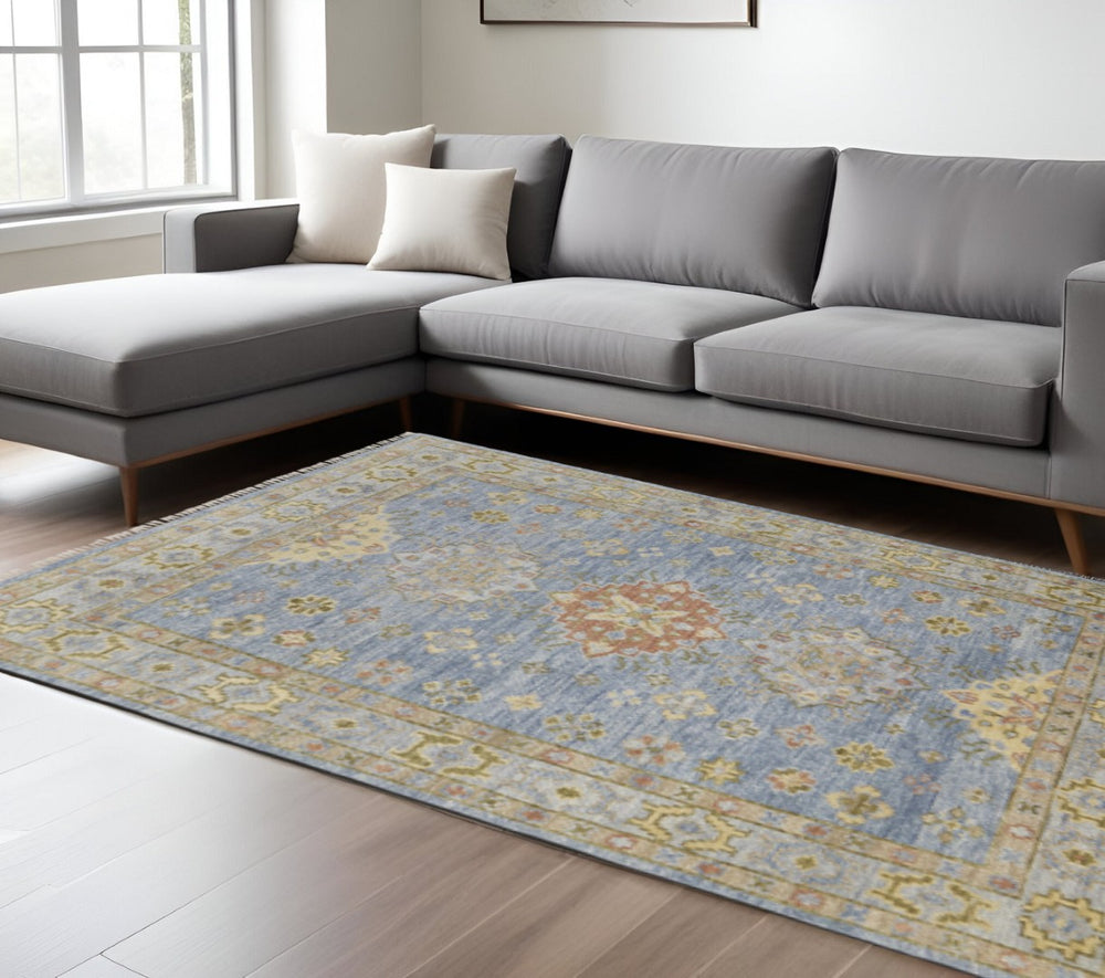 HomeRoots 8' Hand-Knotted Geometric Runner Rug in Blue, Taupe, and Gray with Fringe for Stylish Spaces 12' X 15' 617297