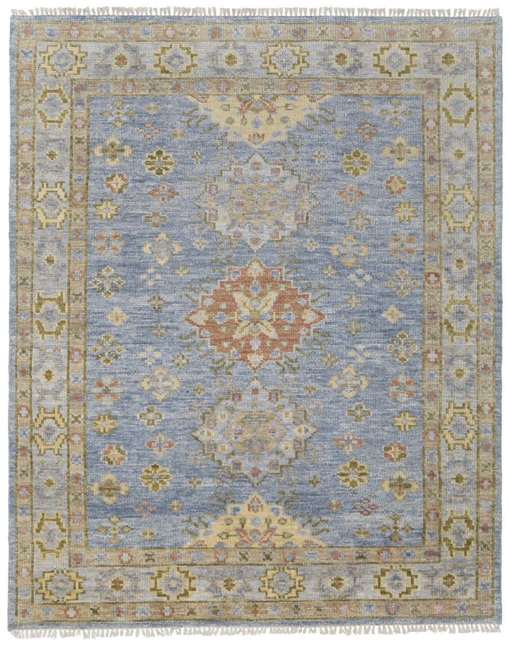 HomeRoots 8' Hand-Knotted Geometric Runner Rug in Blue, Taupe, and Gray with Fringe for Stylish Spaces 12' X 15' 617297