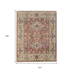 Homeroots 12' Red Ivory And Gold Hand Knotted Area Rug With Fringe – Unique Stain-resistant Statement Piece Red,Ivory,Gold Wool Blend 617298