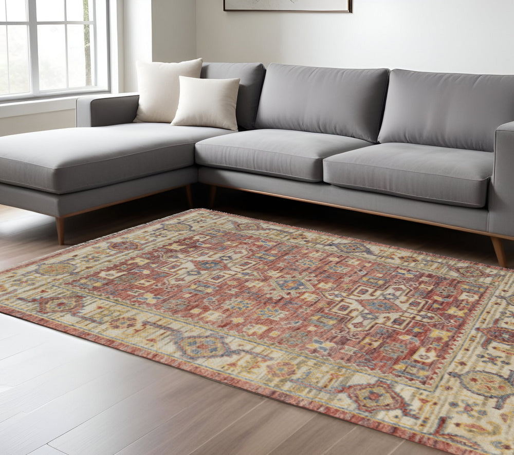 Homeroots 12' Red Ivory And Gold Hand Knotted Area Rug With Fringe – Unique Stain-resistant Statement Piece Red,Ivory,Gold Wool Blend 617298