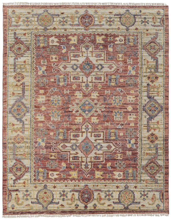 HomeRoots 12' X 15' Hand-Knotted Red Ivory Gold Oriental Area Rug - Stain-Resistant, Elegant Fringed Design 617298