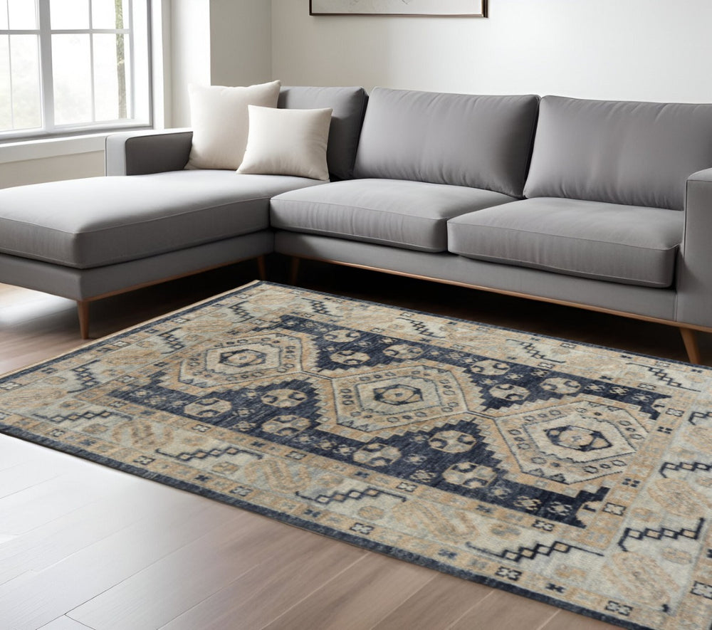 HomeRoots 10' Blue and Ivory Geometric Hand-Knotted Area Rug with Fringe - Stylish, Durable, and Stain-Resistant 12' X 15' 617299