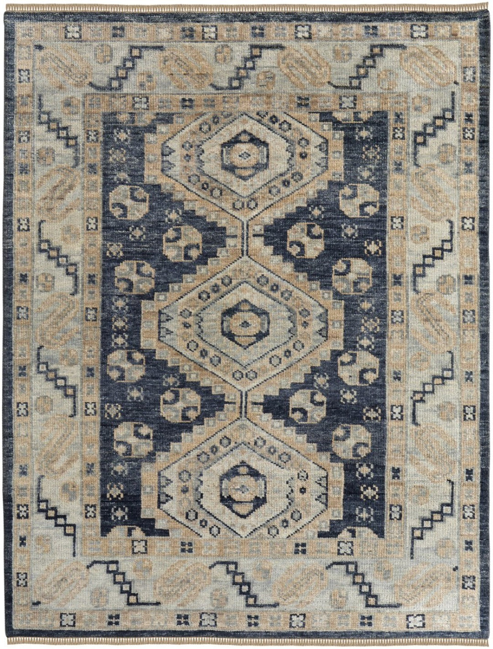 HomeRoots 10' Blue and Ivory Geometric Hand-Knotted Area Rug with Fringe - Stylish, Durable, and Stain-Resistant 12' X 15' 617299