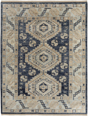 HomeRoots 10' Blue and Ivory Geometric Hand-Knotted Area Rug with Fringe - Stylish, Durable, and Stain-Resistant 12' X 15' 617299
