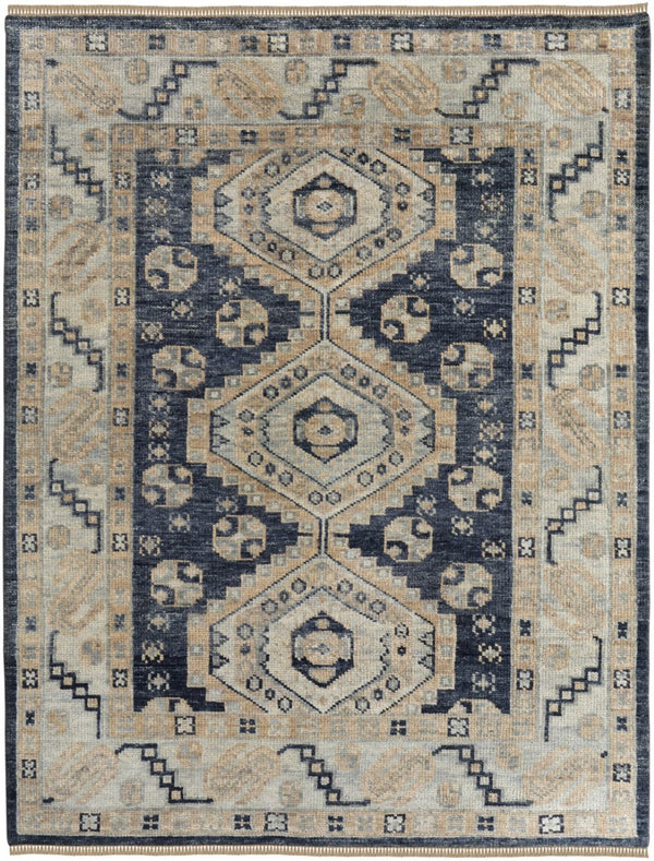 HomeRoots 10' Blue and Ivory Geometric Hand-Knotted Area Rug with Fringe - Stylish, Durable, and Stain-Resistant 12' X 15' 617299