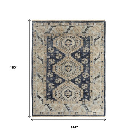 Homeroots 10' Hand Knotted Geometric Area Rug With Fringe - Stain Resistant, Artisan Crafted, Timeless Style Blue,Ivory Wool Blend 617299