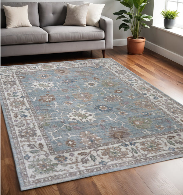 Homeroots 5' X 8' Floral Distressed Area Rug - Durable, Stain Resistant Bohemian Design For Any Space Blue,Ivory,Brown Polypropylene Blend 617324