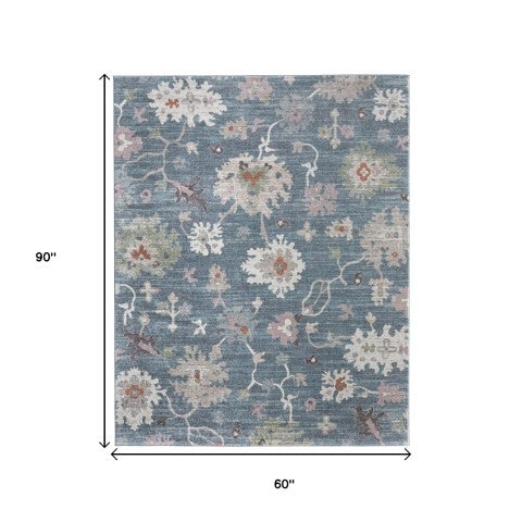 Homeroots 5' X 8' Abstract Distressed Area Rug - Durable, Stain-resistant, Stylish Bohemian Statement Piece Blue,Ivory,Pink Polypropylene Blend 617325