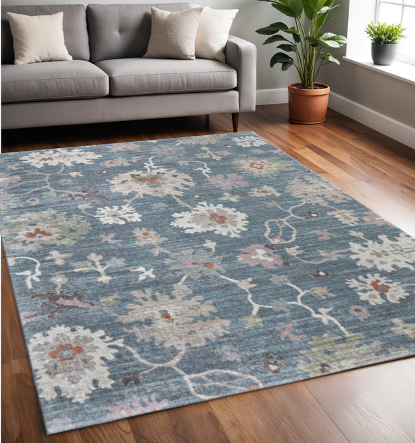 Homeroots 5' X 8' Abstract Distressed Area Rug - Durable, Stain-resistant, Stylish Bohemian Statement Piece Blue,Ivory,Pink Polypropylene Blend 617325
