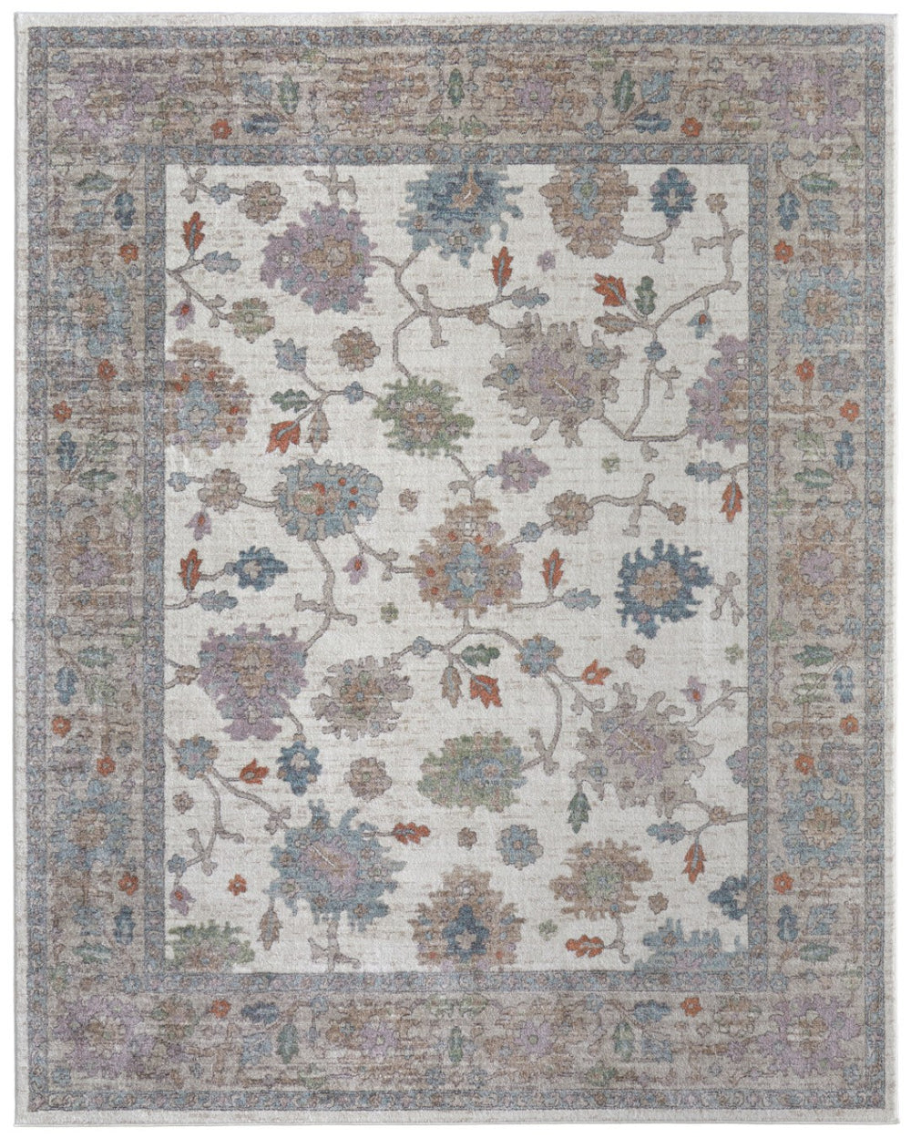 HomeRoots 5' Stunning Ivory Brown and Blue Floral Distressed Area Rug - Timeless Charm for Any Space 8' X 10' 617327