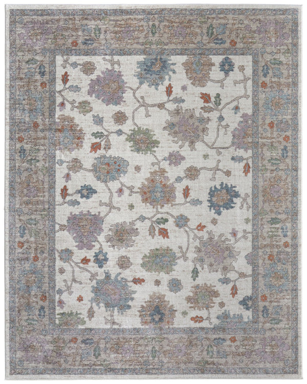 HomeRoots 5' Stunning Ivory Brown and Blue Floral Distressed Area Rug - Timeless Charm for Any Space 12' X 15' 617342