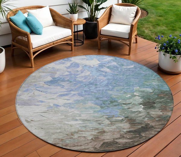 HomeRoots 5' Elevate Your Space with a Stylish Denim Blue and Taupe Abstract Washable Indoor/Outdoor Rug 8' Round 617349