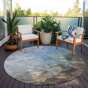 HomeRoots 5' Elevate Your Space with a Stylish Denim Blue and Taupe Abstract Washable Indoor/Outdoor Rug 8' Round 617349