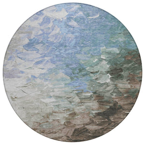 HomeRoots 5' Elevate Your Space with a Stylish Denim Blue and Taupe Abstract Washable Indoor/Outdoor Rug 8' Round 617349