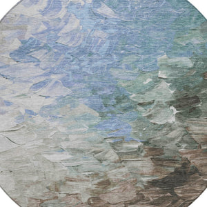 HomeRoots 5' Elevate Your Space with a Stylish Denim Blue and Taupe Abstract Washable Indoor/Outdoor Rug 8' Round 617349