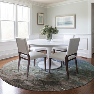 HomeRoots 5' Elevate Your Space with a Stylish Denim Blue and Taupe Abstract Washable Indoor/Outdoor Rug 8' Round 617349