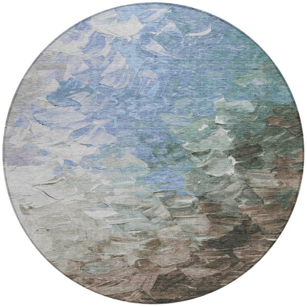 HomeRoots 5' Elevate Your Space with a Stylish Denim Blue and Taupe Abstract Washable Indoor/Outdoor Rug 8' Round 617349