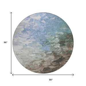HomeRoots 5' Elevate Your Space with a Stylish Denim Blue and Taupe Abstract Washable Indoor/Outdoor Rug 8' Round 617349