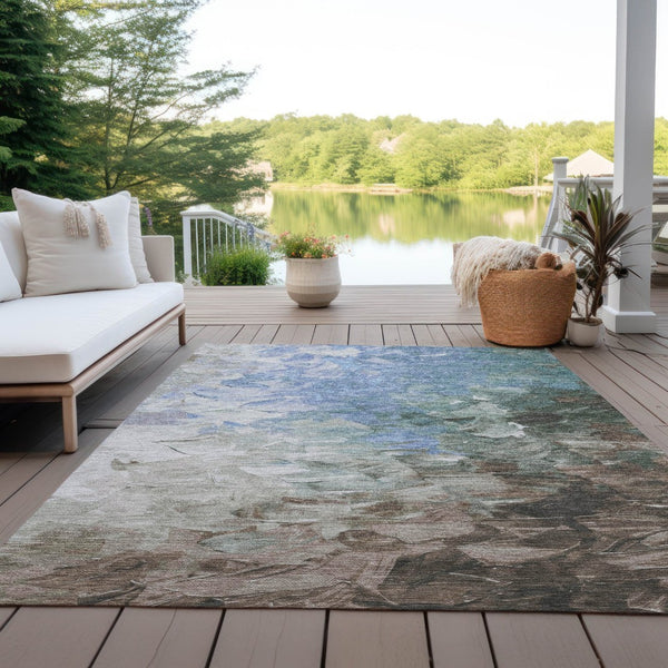 HomeRoots 5' Elevate Your Space with a Stylish Denim Blue and Taupe Abstract Washable Indoor/Outdoor Rug 8' X 10' 617350