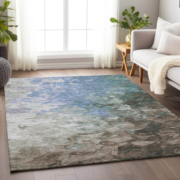 HomeRoots 5' Elevate Your Space with a Stylish Denim Blue and Taupe Abstract Washable Indoor/Outdoor Rug 9' X 12' 617351
