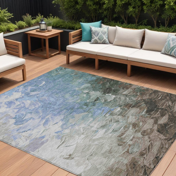 HomeRoots 5' Elevate Your Space with a Stylish Denim Blue and Taupe Abstract Washable Indoor/Outdoor Rug 10' X 14' 617352