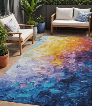 HomeRoots 5' Vibrant Gold Yellow and Teal Abstract Washable Area Rug for Indoor and Outdoor Spaces 5' X 8' 617354