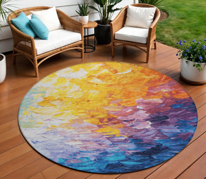 HomeRoots 5' Vibrant Gold Yellow and Teal Abstract Washable Area Rug for Indoor and Outdoor Spaces 8' Round 617355