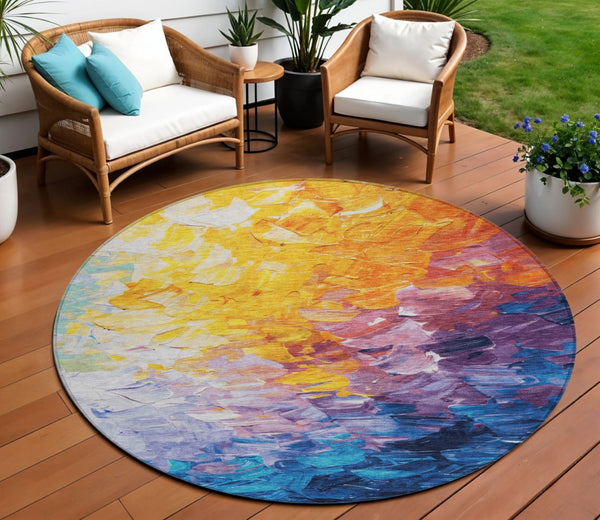 HomeRoots 5' Vibrant Gold Yellow and Teal Abstract Washable Area Rug for Indoor and Outdoor Spaces 8' Round 617355