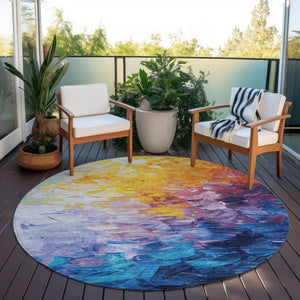 HomeRoots 5' Vibrant Gold Yellow and Teal Abstract Washable Area Rug for Indoor and Outdoor Spaces 8' Round 617355
