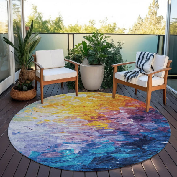 HomeRoots 5' Vibrant Gold Yellow and Teal Abstract Washable Area Rug for Indoor and Outdoor Spaces 8' Round 617355