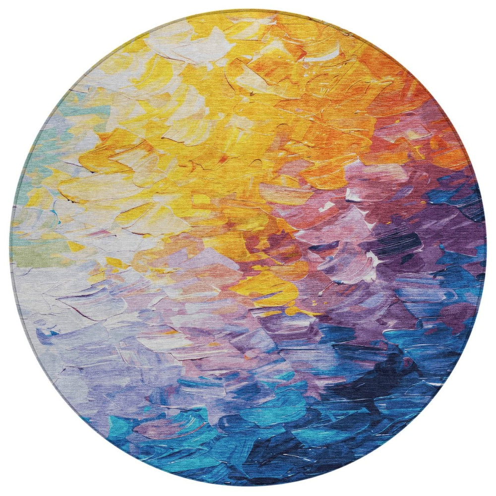 HomeRoots 5' Vibrant Gold Yellow and Teal Abstract Washable Area Rug for Indoor and Outdoor Spaces 8' Round 617355