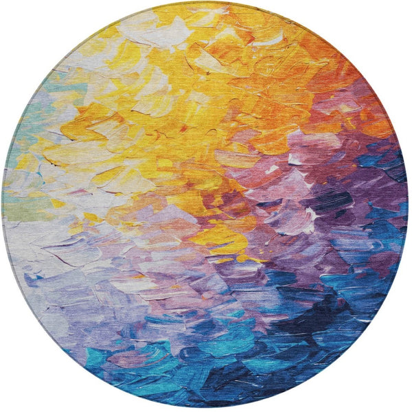 HomeRoots 5' Vibrant Gold Yellow and Teal Abstract Washable Area Rug for Indoor and Outdoor Spaces 8' Round 617355