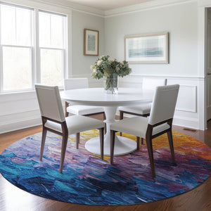 HomeRoots 5' Vibrant Gold Yellow and Teal Abstract Washable Area Rug for Indoor and Outdoor Spaces 8' Round 617355