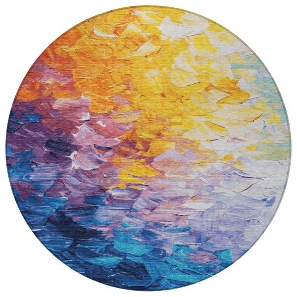 HomeRoots 5' Vibrant Gold Yellow and Teal Abstract Washable Area Rug for Indoor and Outdoor Spaces 8' Round 617355