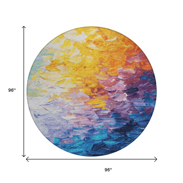 HomeRoots 5' Vibrant Gold Yellow and Teal Abstract Washable Area Rug for Indoor and Outdoor Spaces 8' Round 617355