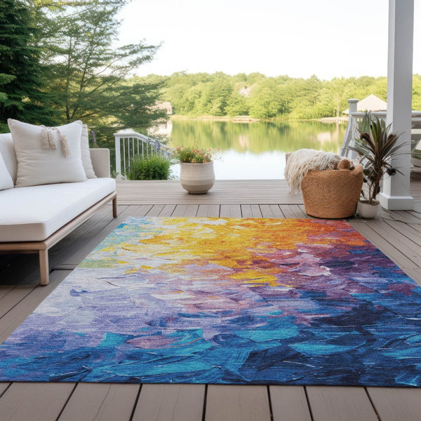 HomeRoots 5' Vibrant Gold Yellow and Teal Abstract Washable Area Rug for Indoor and Outdoor Spaces 9' X 12' 617357