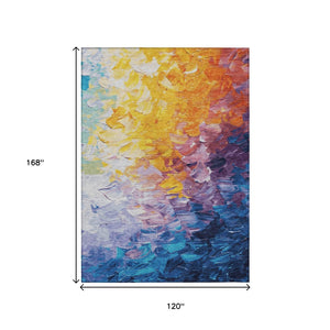 HomeRoots 5' Vibrant Gold Yellow and Teal Abstract Washable Area Rug for Indoor and Outdoor Spaces 10' X 14' 617358