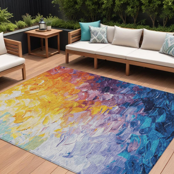 HomeRoots 5' Vibrant Gold Yellow and Teal Abstract Washable Area Rug for Indoor and Outdoor Spaces 10' X 14' 617358