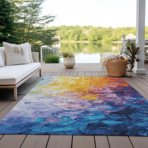 HomeRoots 5' Vibrant Gold Yellow and Teal Abstract Washable Area Rug for Indoor and Outdoor Spaces 10' X 14' 617358