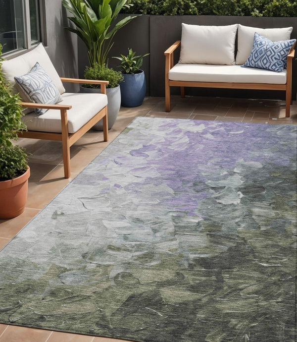 HomeRoots 5' Stylish Abstract Area Rug in Lavender, Olive Green & Silver - Washable Indoor/Outdoor Design 5' X 8' 617360
