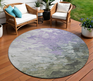 HomeRoots 5' Stylish Abstract Area Rug in Lavender, Olive Green & Silver - Washable Indoor/Outdoor Design 8' Round 617361