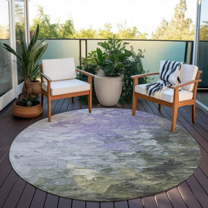 HomeRoots 5' Stylish Abstract Area Rug in Lavender, Olive Green & Silver - Washable Indoor/Outdoor Design 8' Round 617361