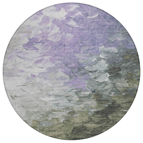 HomeRoots 5' Stylish Abstract Area Rug in Lavender, Olive Green & Silver - Washable Indoor/Outdoor Design 8' Round 617361
