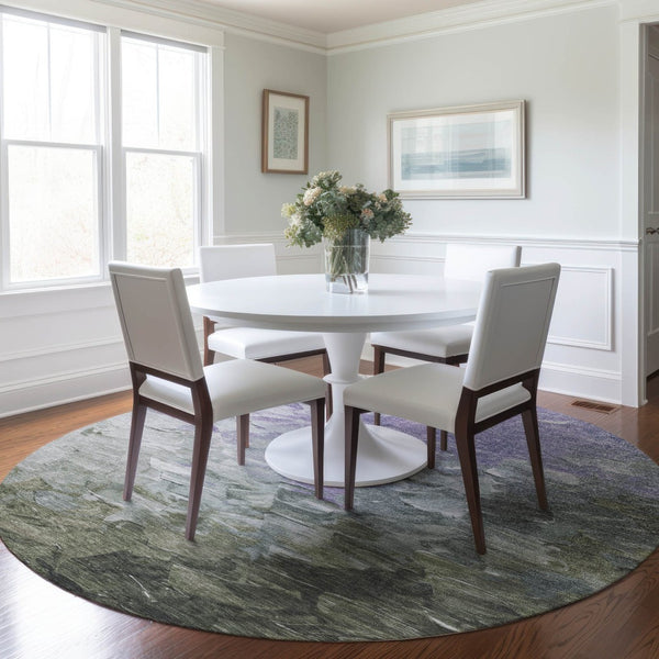 HomeRoots 5' Stylish Abstract Area Rug in Lavender, Olive Green & Silver - Washable Indoor/Outdoor Design 8' Round 617361