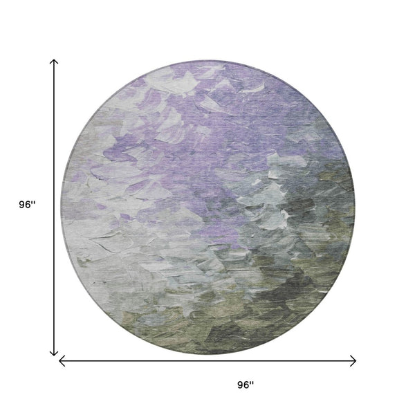 HomeRoots 5' Stylish Abstract Area Rug in Lavender, Olive Green & Silver - Washable Indoor/Outdoor Design 8' Round 617361